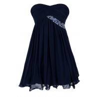 Trail of Stars Embellished Pleated Chiffon Party Dress in Navy